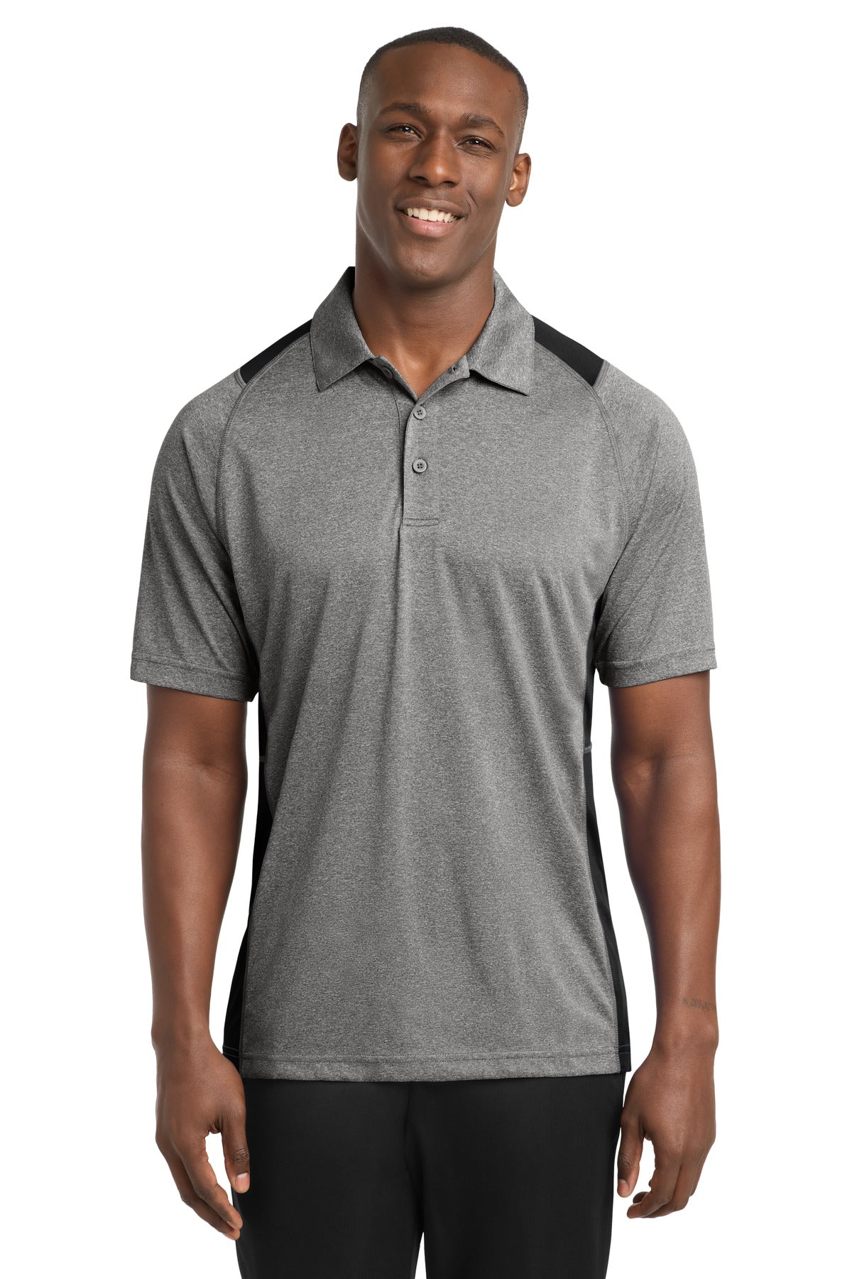 Sport-Tek Heather Colorblock Contender Polo. ST665 - Vintage Heather/ Black
