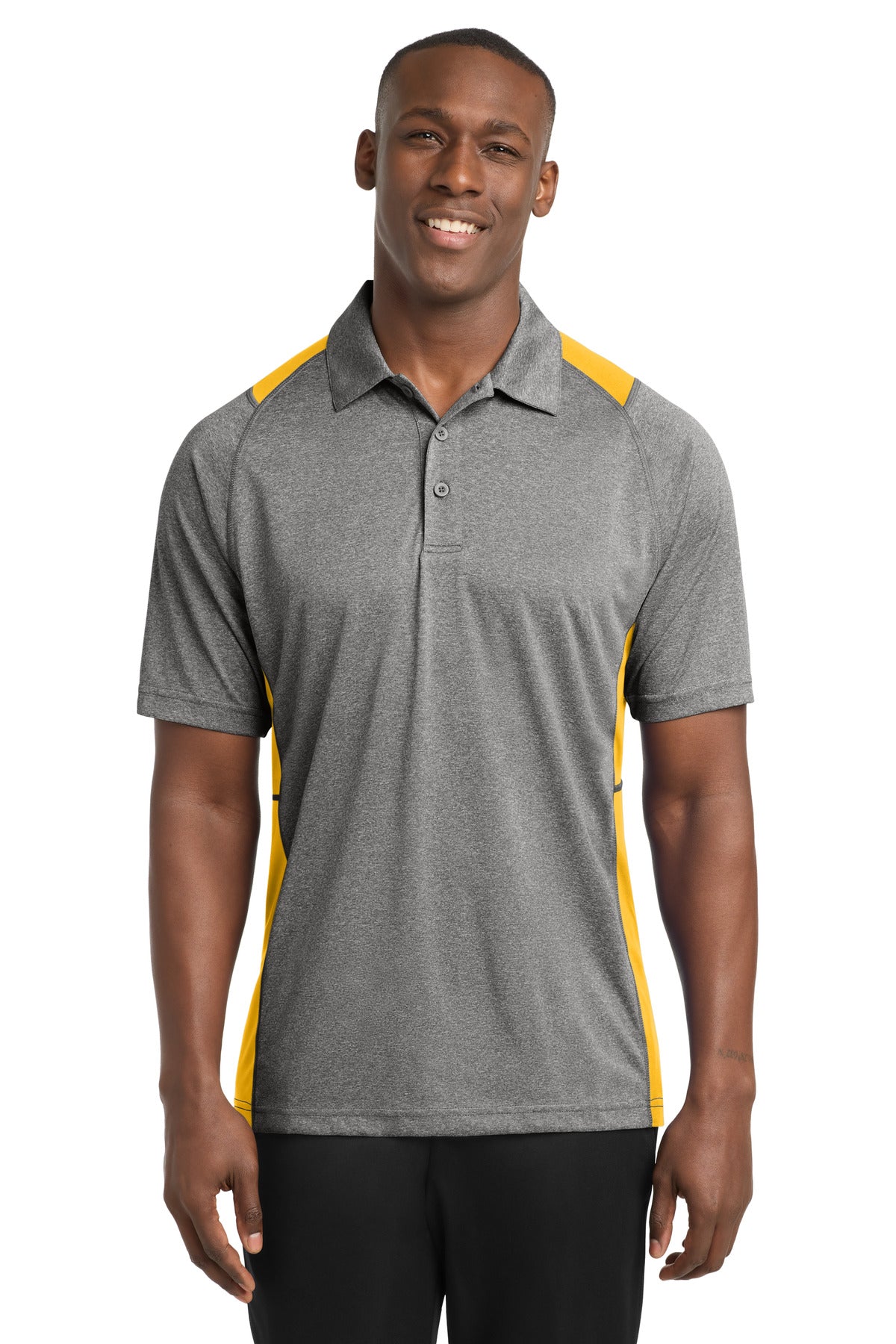Sport-Tek Heather Colorblock Contender Polo. ST665 - Vintage Heather/ Gold