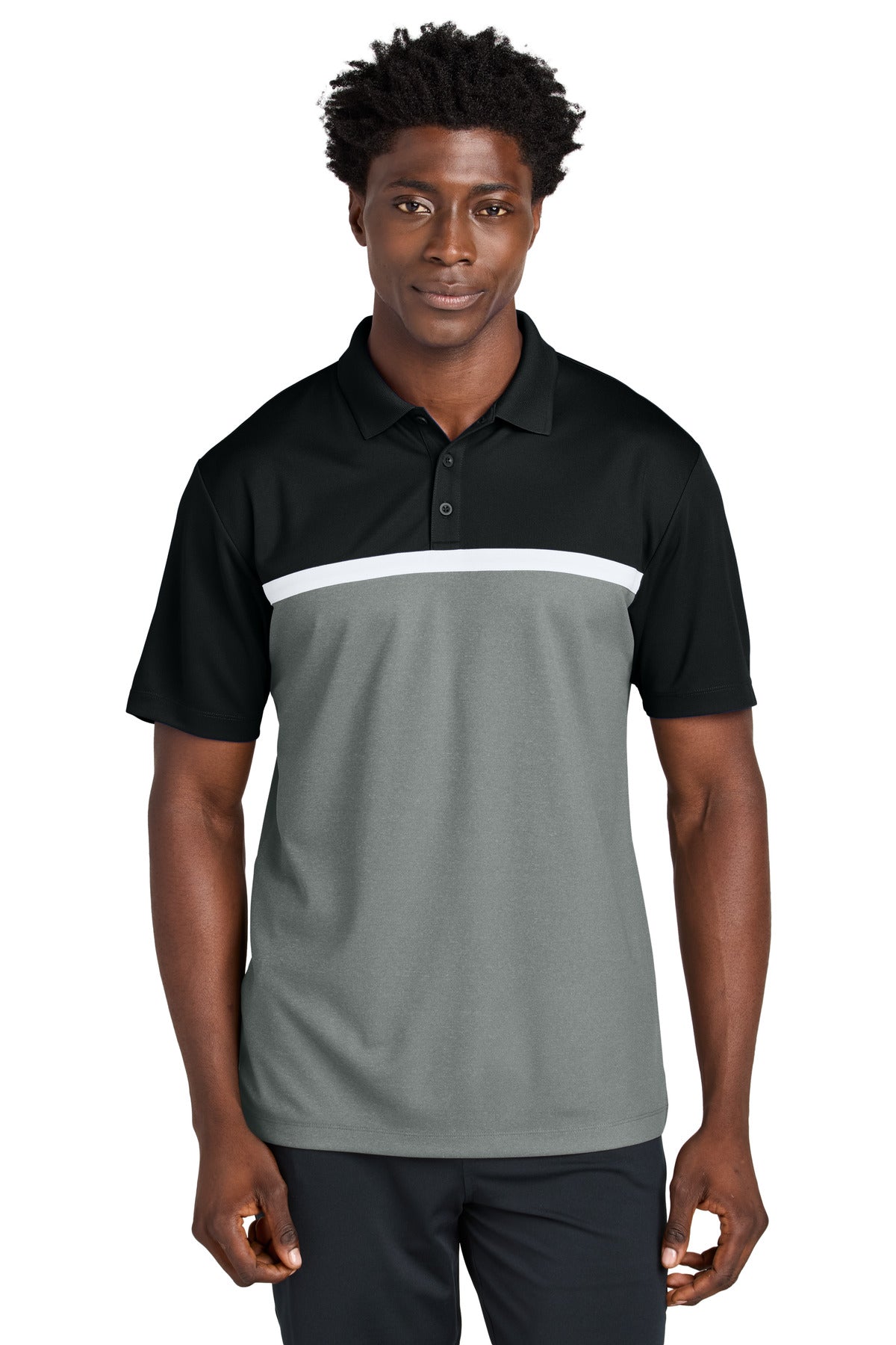 Sport-Tek UV Micropique Colorblock Polo ST741 - Black/ Grey Concrete Heather/ White