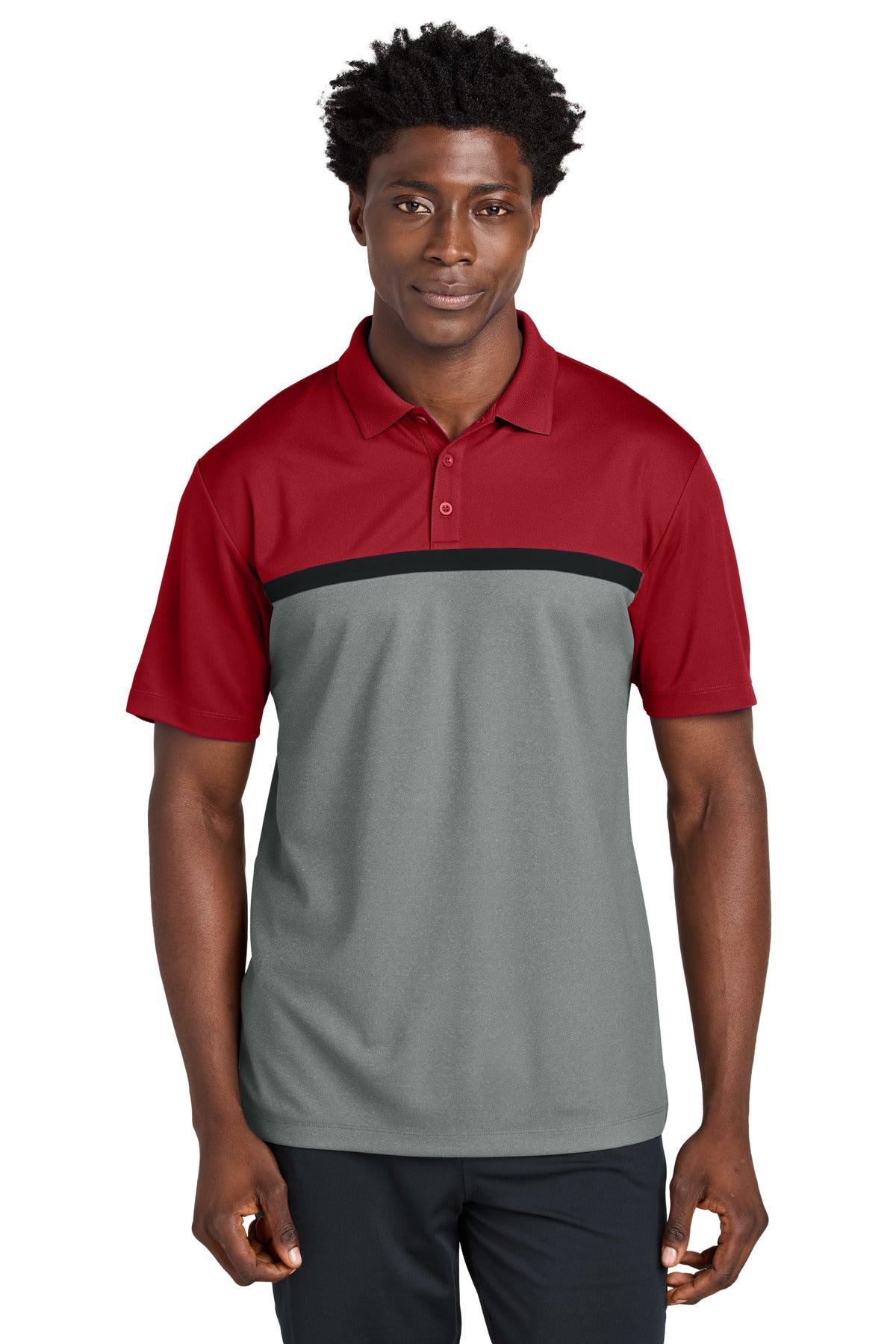 Sport-Tek UV Micropique Colorblock Polo ST741 - Deep Red/ Grey Concrete Heather/ Black