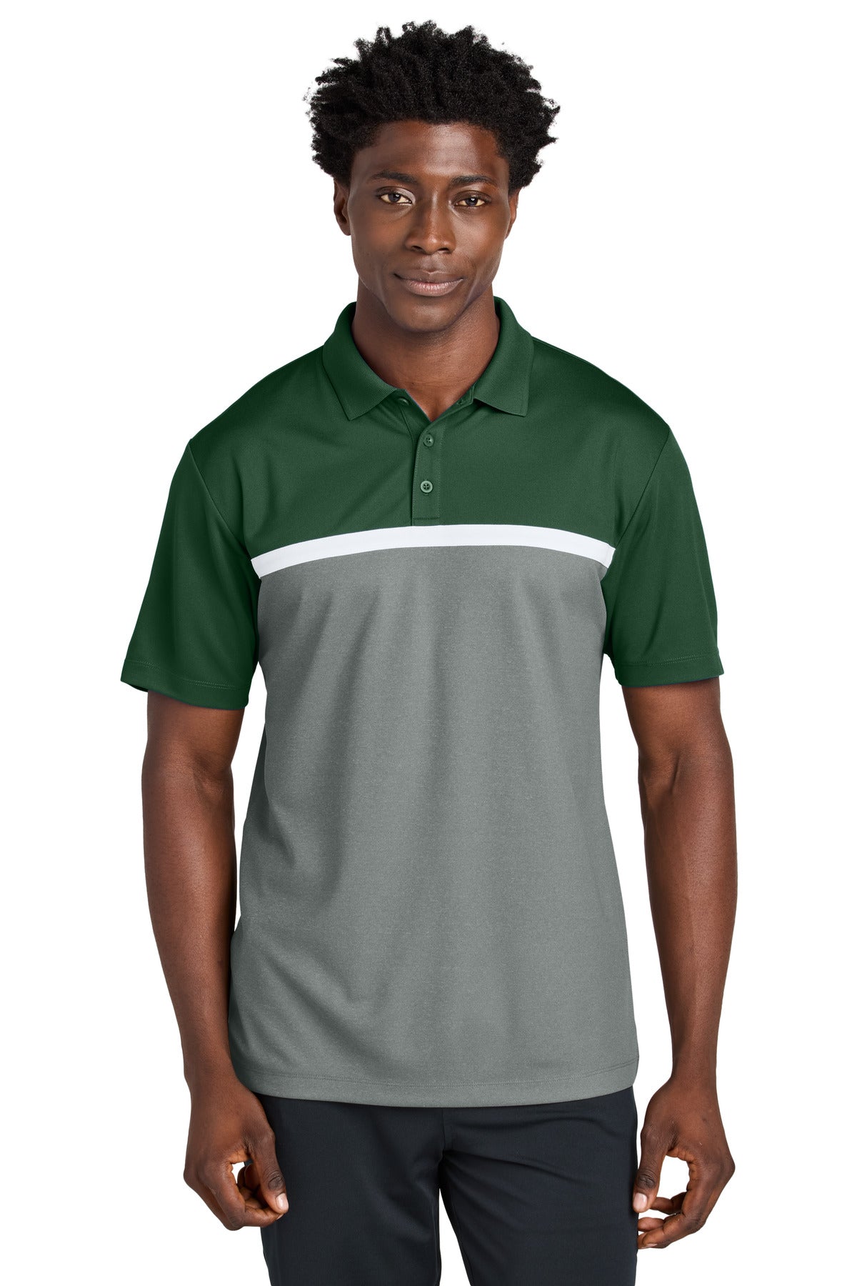 Sport-Tek UV Micropique Colorblock Polo ST741 - Forest Green/ Grey Concrete Heather/ White