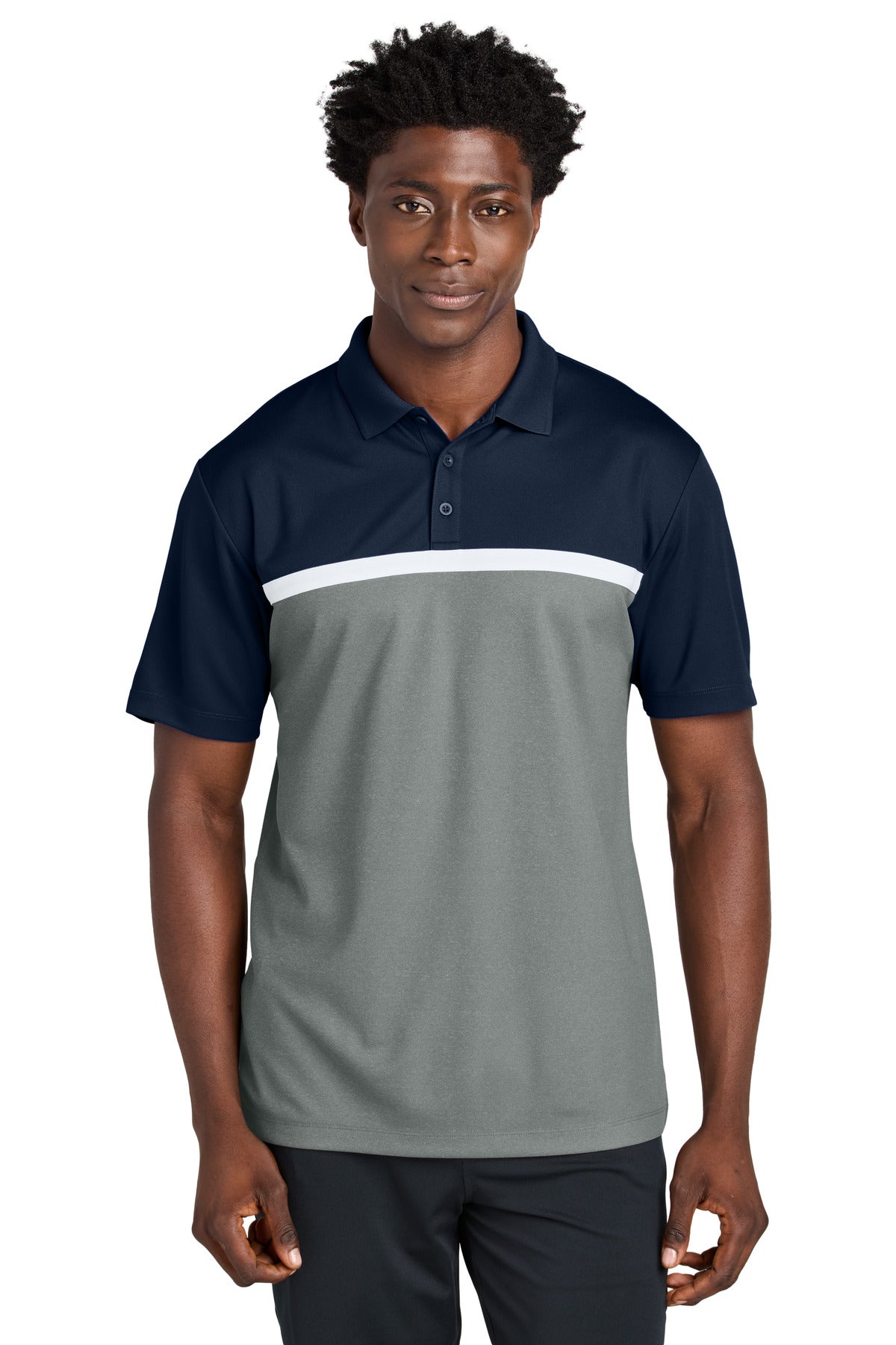 Sport-Tek UV Micropique Colorblock Polo ST741 - True Navy/ Grey Concrete Heather/ White