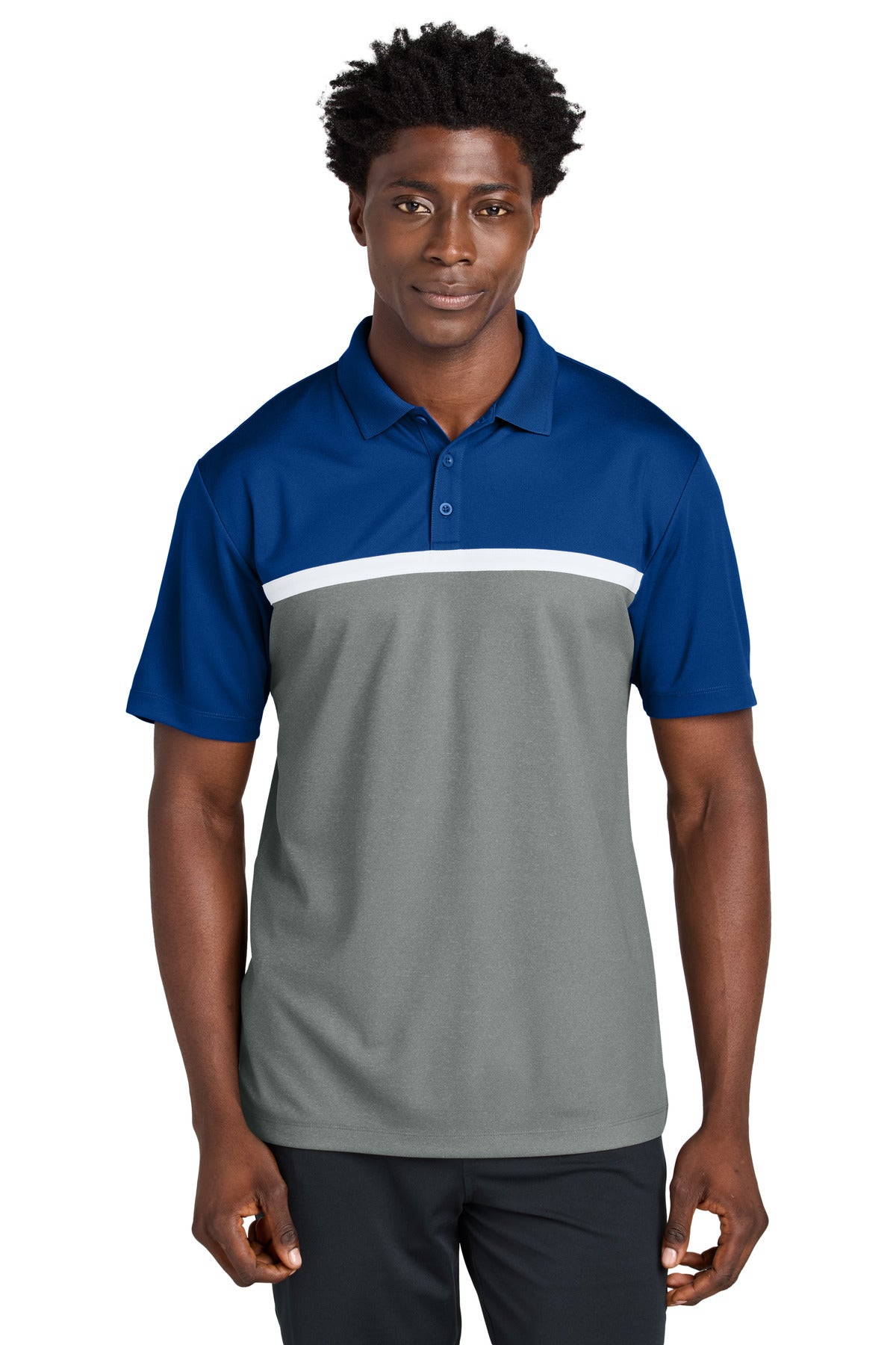 Sport-Tek UV Micropique Colorblock Polo ST741 - True Royal/ Grey Concrete Heather/ White