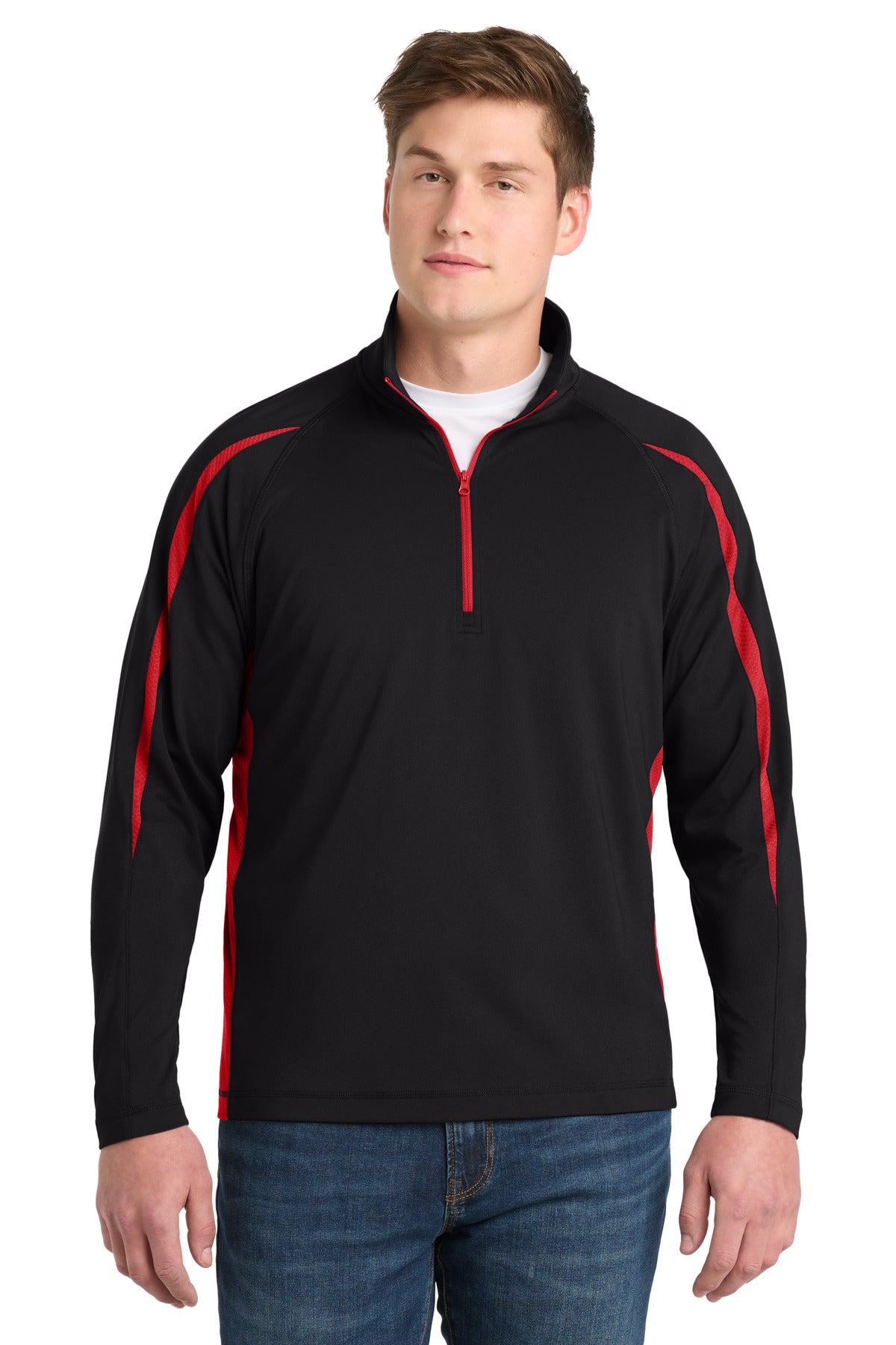 Sport-Tek Sport-Wick Stretch 1/4-Zip Colorblock Pullover. ST851 - Black/ True Red