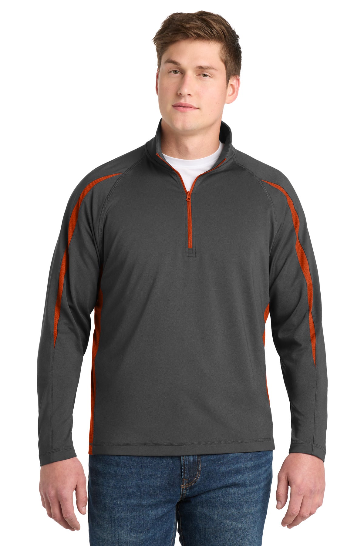 Sport-Tek Sport-Wick Stretch 1/4-Zip Colorblock Pullover. ST851 - Charcoal Grey/ Deep Orange