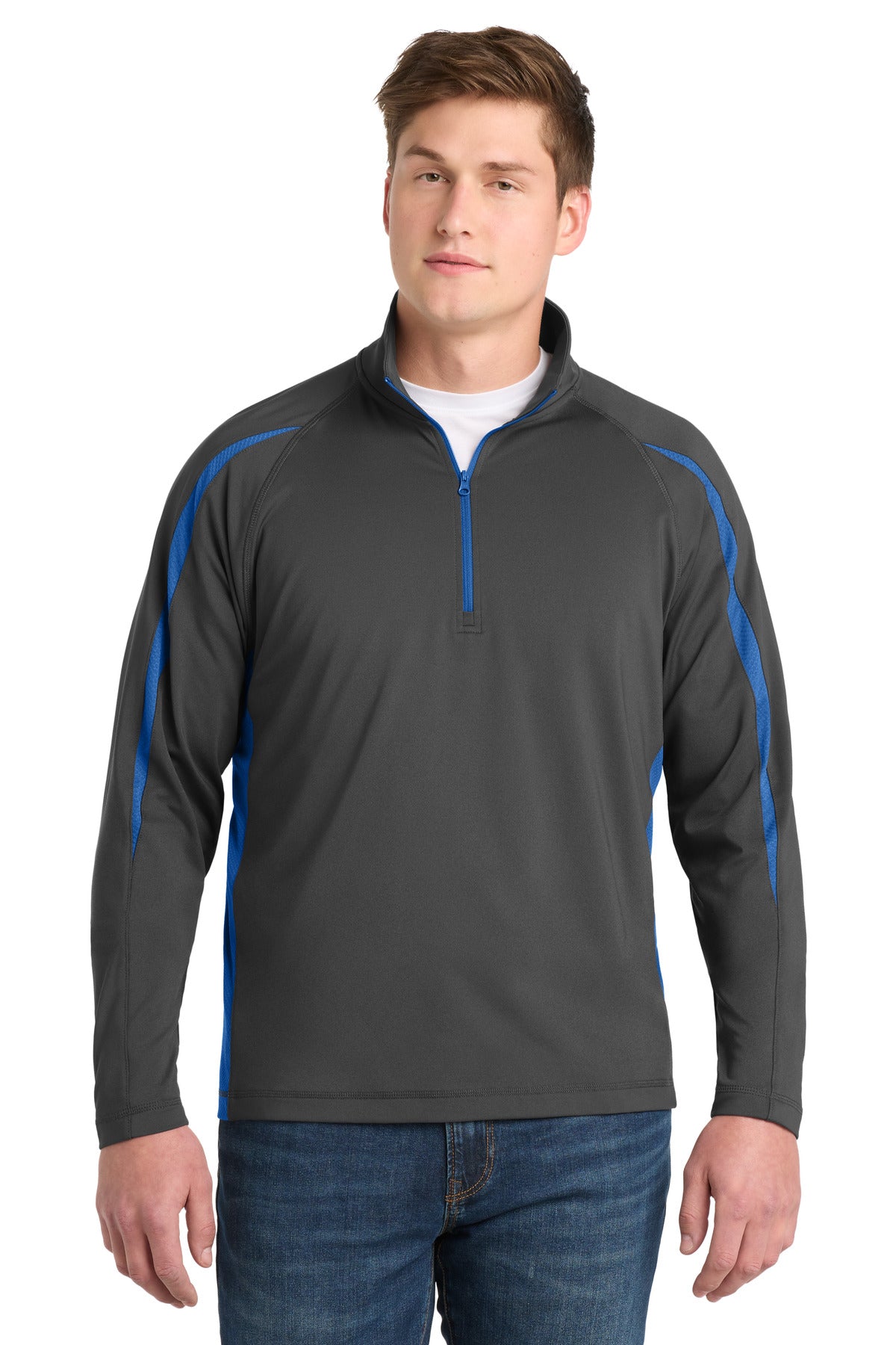Sport-Tek Sport-Wick Stretch 1/4-Zip Colorblock Pullover. ST851 - Charcoal Grey/ True Royal