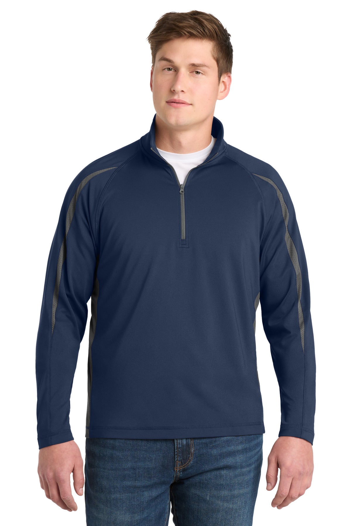 Sport-Tek Sport-Wick Stretch 1/4-Zip Colorblock Pullover. ST851 - True Navy/ Charcoal Grey