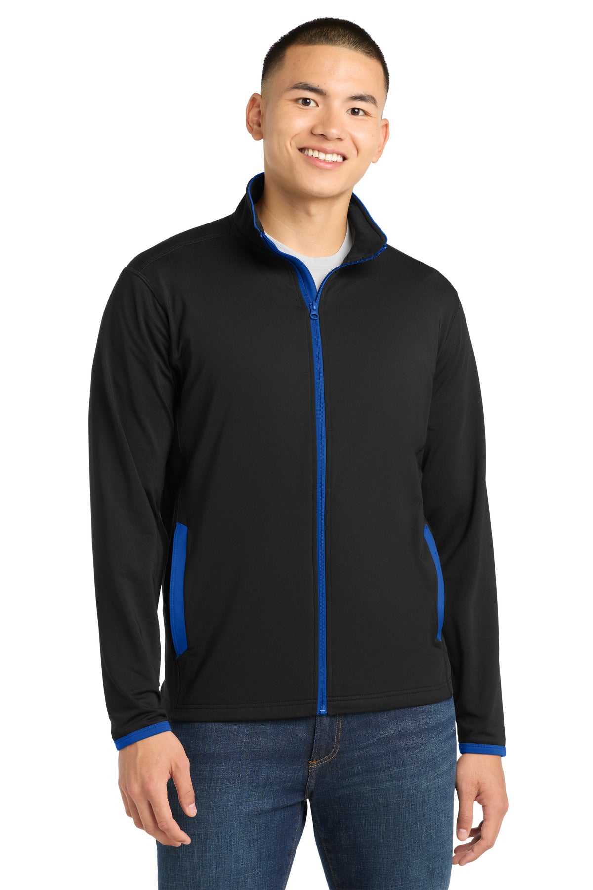 Sport-Tek Sport-Wick Stretch Contrast Full-Zip Jacket.  ST853 - Black/ True Royal