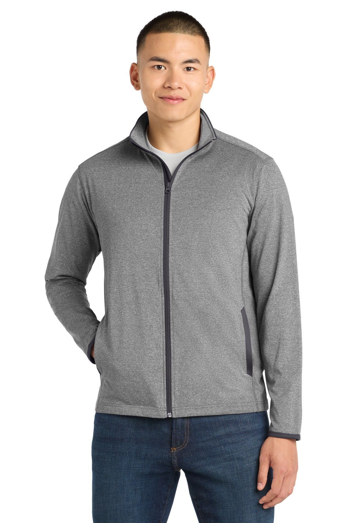 Sport-Tek Sport-Wick Stretch Contrast Full-Zip Jacket.  ST853 - Charcoal Grey Heather/ Charcoal Grey