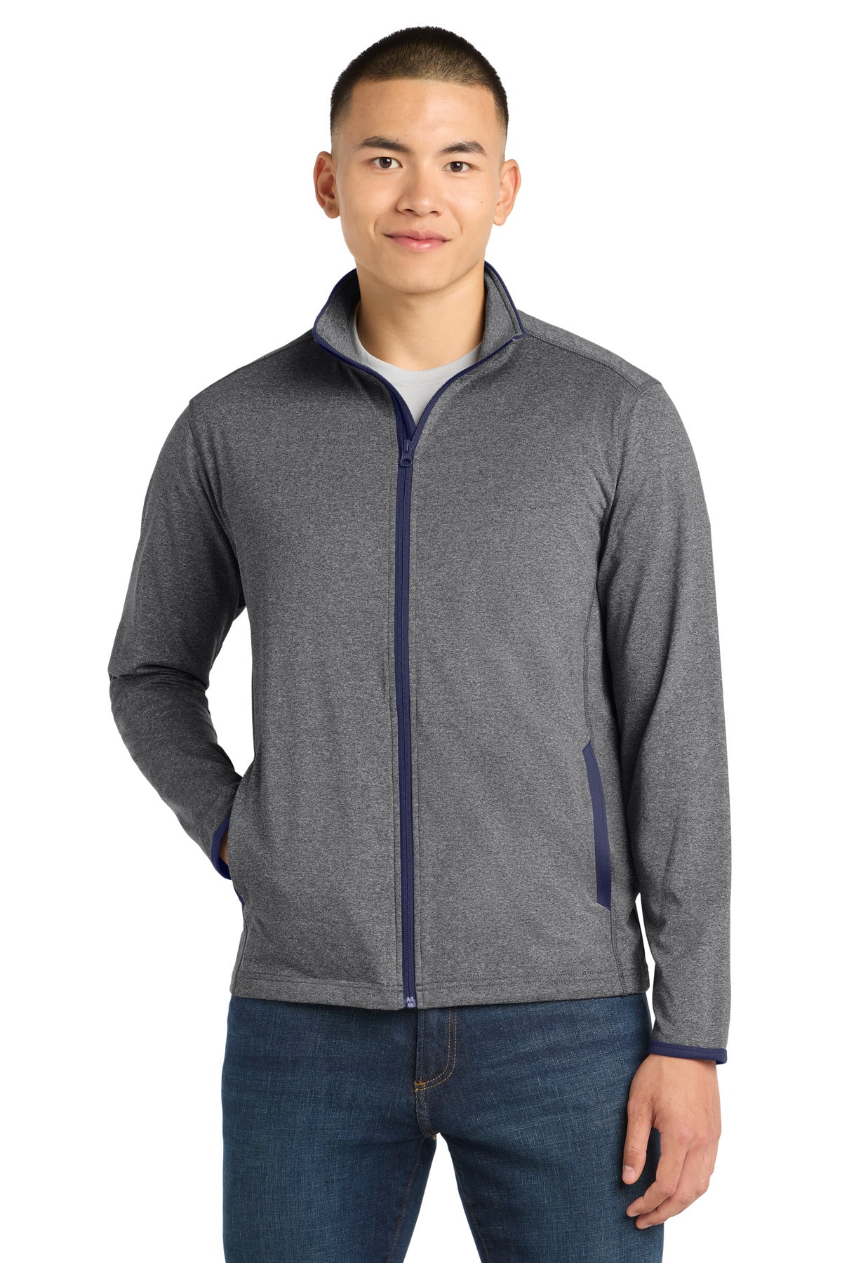 Sport-Tek Sport-Wick Stretch Contrast Full-Zip Jacket.  ST853 - Charcoal Grey Heather/ True Navy