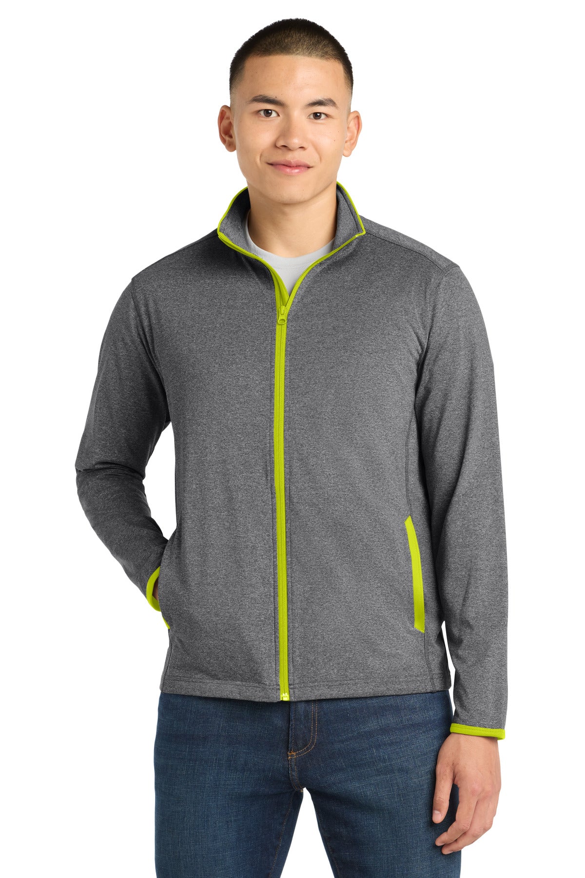 Sport-Tek Sport-Wick Stretch Contrast Full-Zip Jacket.  ST853 - Charcoal Grey Heather/ Charge Green
