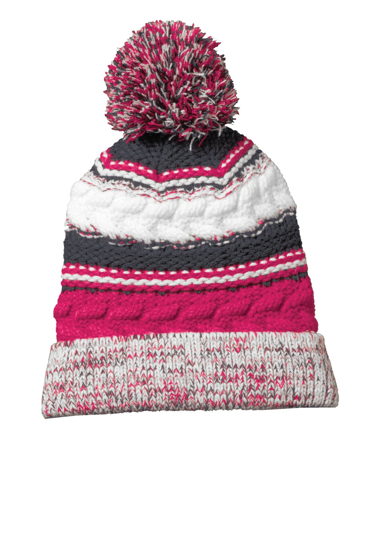 Sport-Tek Pom Pom Team Beanie. STC21 - Pink Raspberry/ Iron Grey/ White