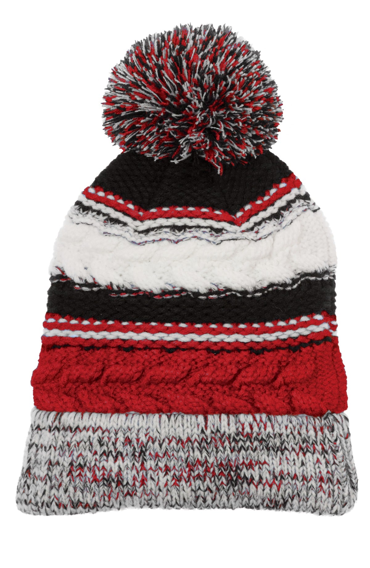 Sport-Tek Pom Pom Team Beanie. STC21 - True Red/ Black/ White