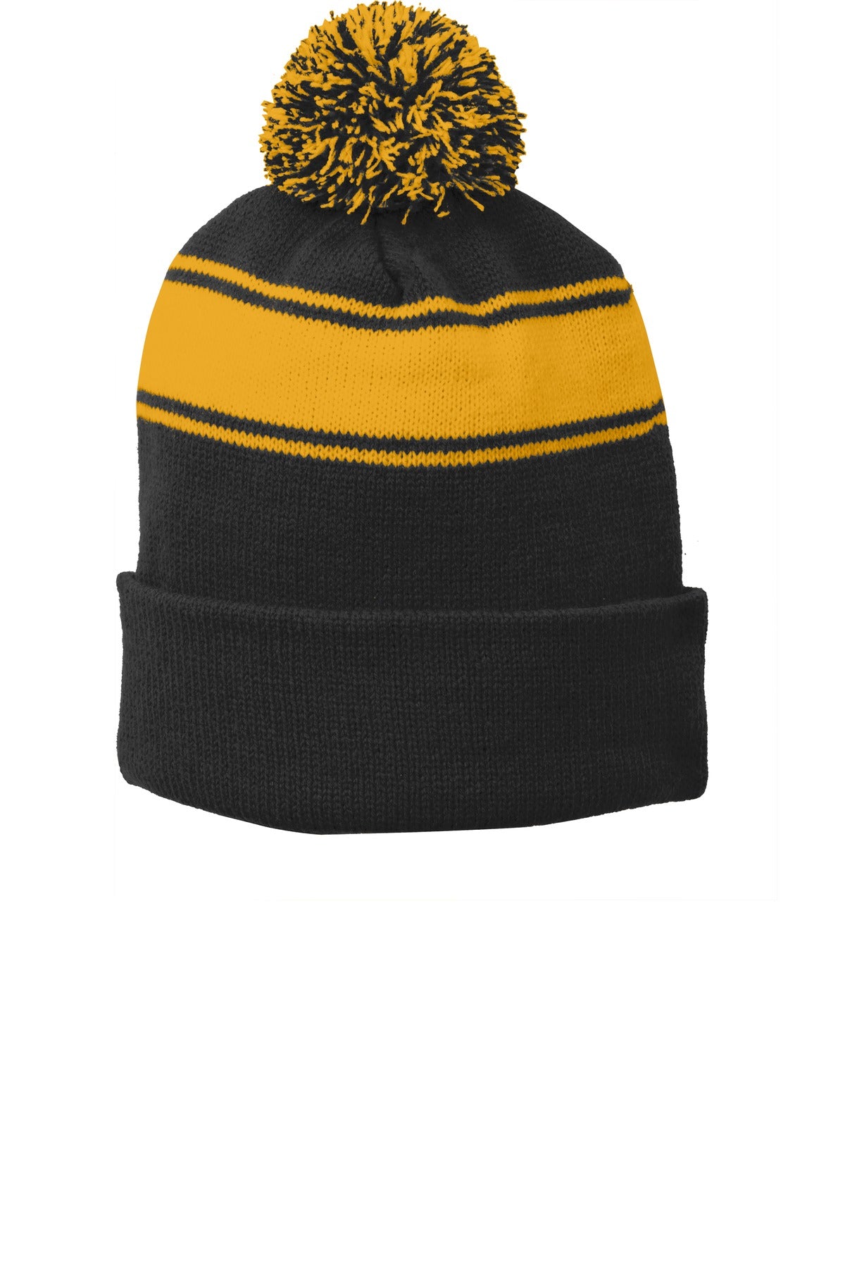 Sport-Tek Stripe Pom Pom Beanie.  STC28 - Black/ Gold