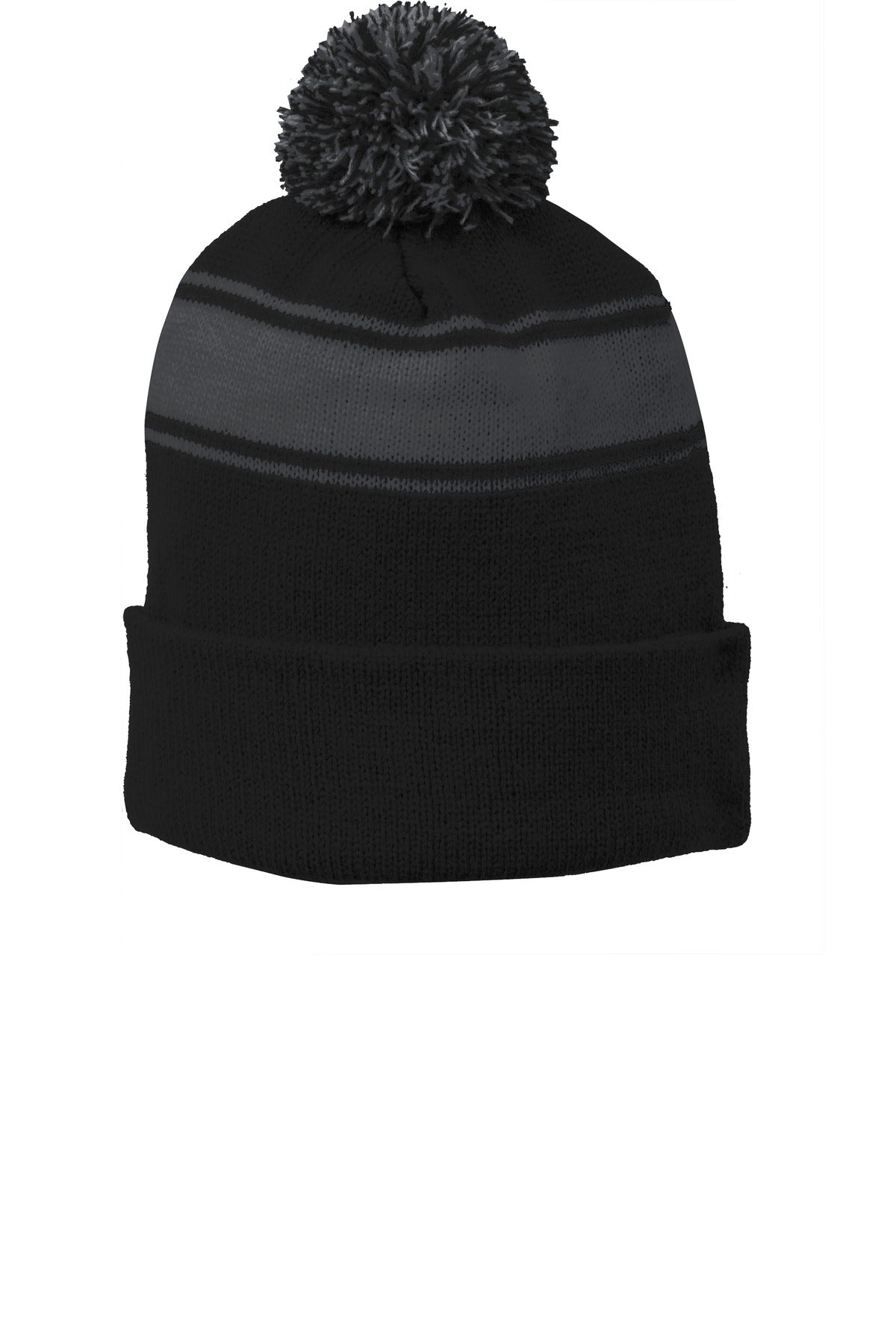 Sport-Tek Stripe Pom Pom Beanie.  STC28 - Black/ Iron Grey