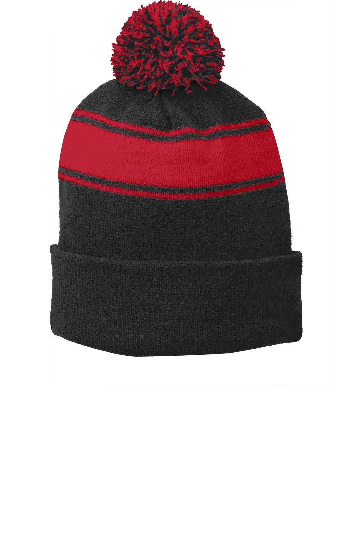 Sport-Tek Stripe Pom Pom Beanie.  STC28 - Black/ True Red