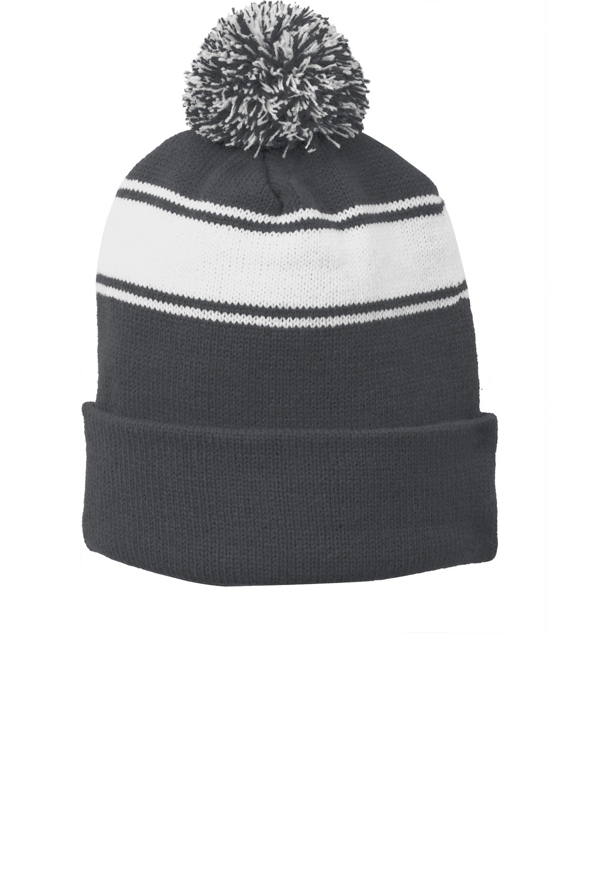 Sport-Tek Stripe Pom Pom Beanie.  STC28 - Iron Grey/ White