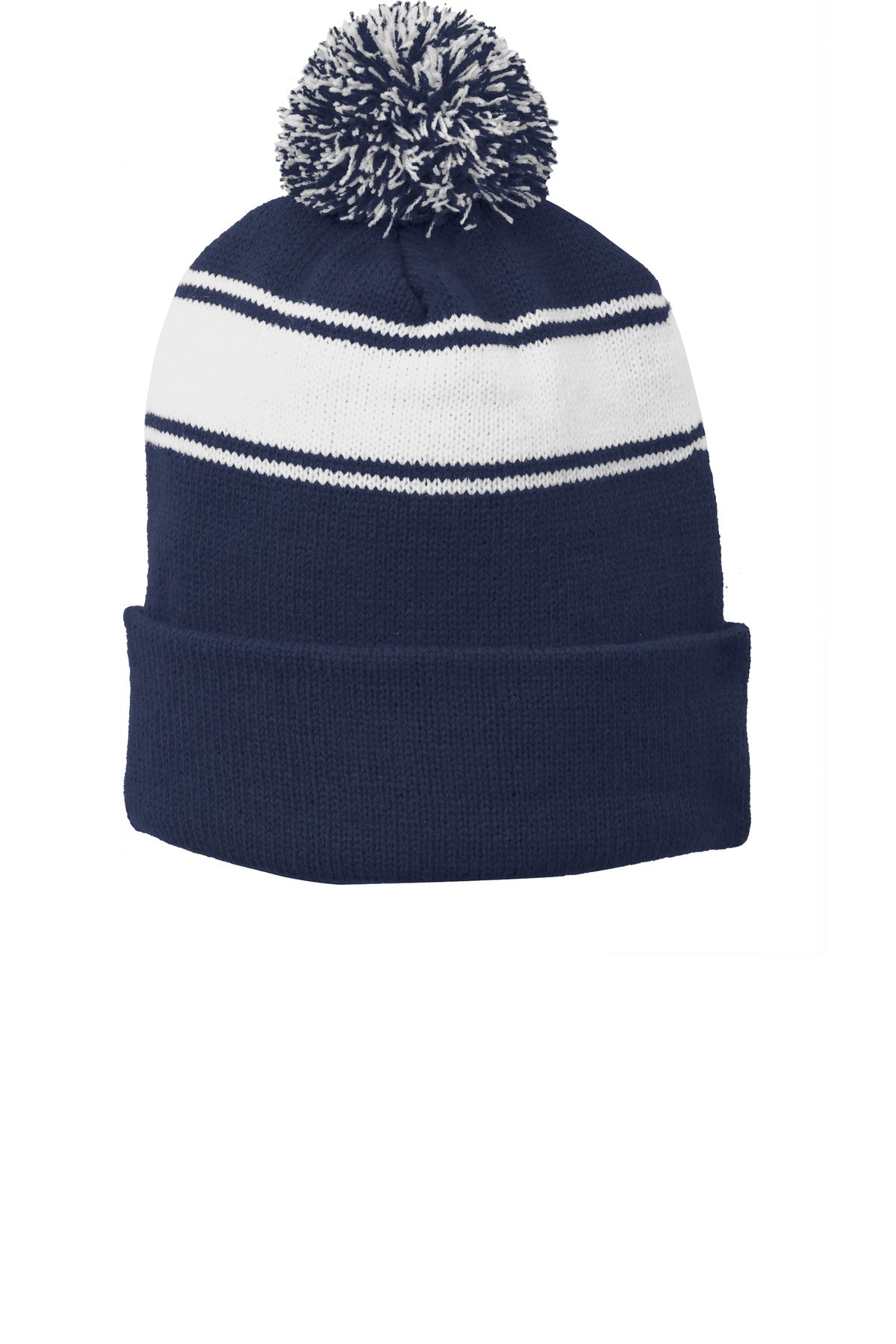 Sport-Tek Stripe Pom Pom Beanie.  STC28 - True Navy/ White