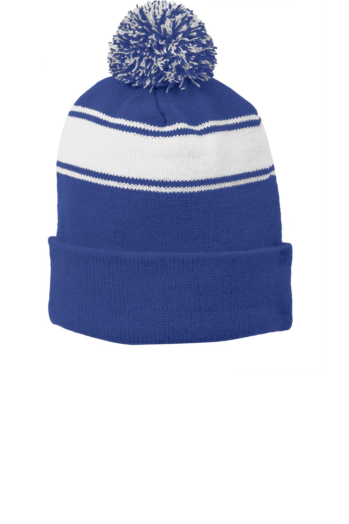 Sport-Tek Stripe Pom Pom Beanie.  STC28 - True Royal/ White