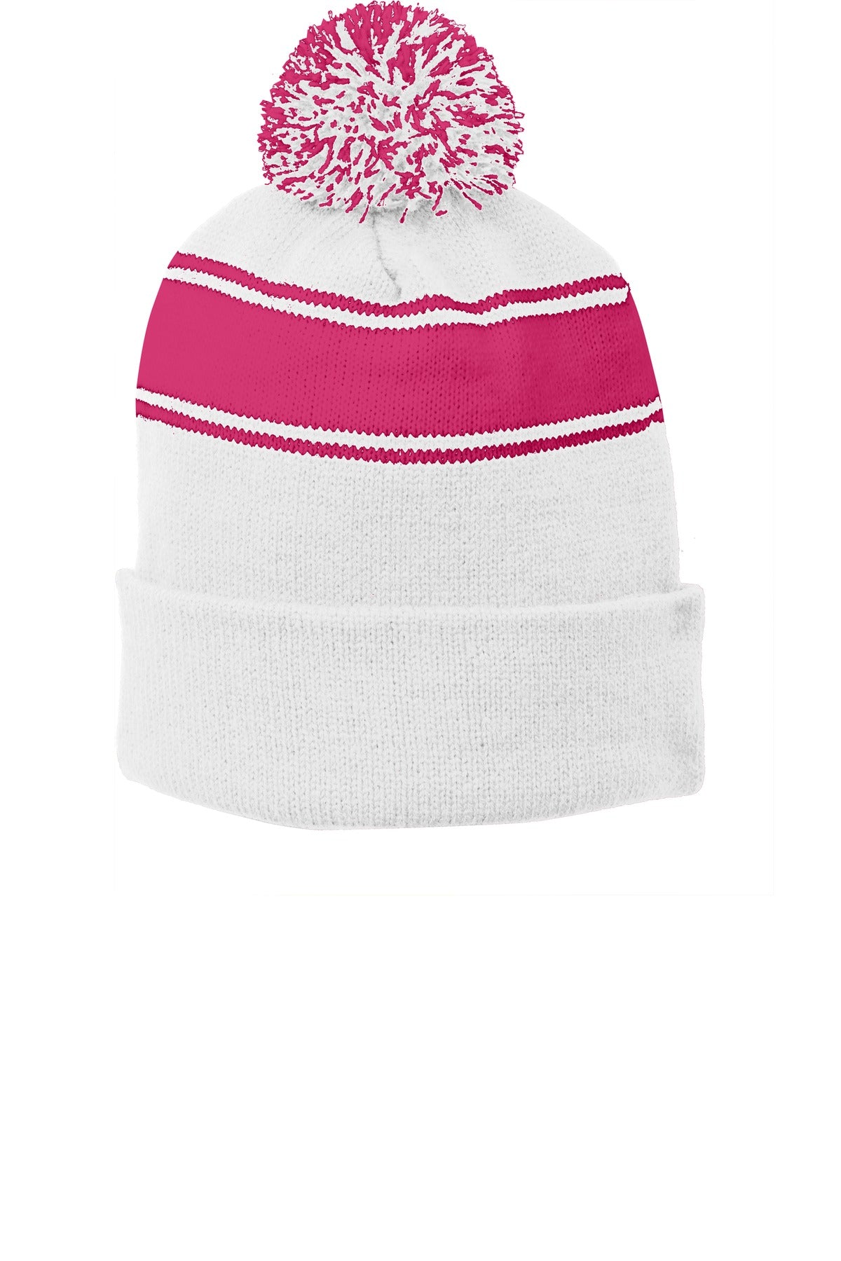 Sport-Tek Stripe Pom Pom Beanie.  STC28 - White/ Pink Raspberry