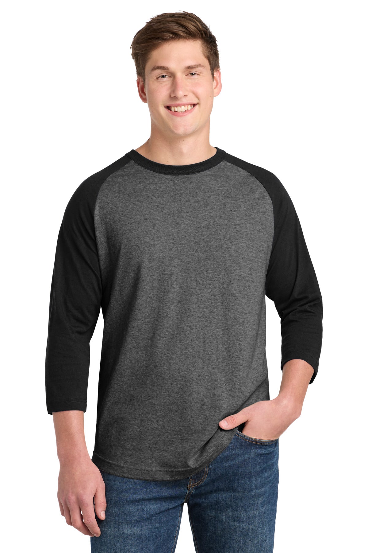 Sport-Tek Colorblock Raglan Jersey.  T200 - Dark Heather Grey/ Black