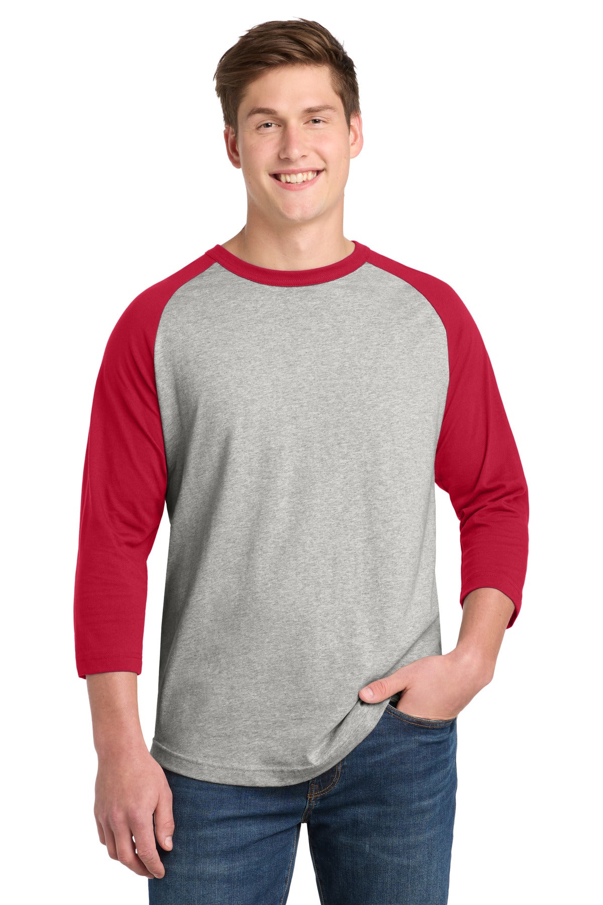 Sport-Tek Colorblock Raglan Jersey.  T200 - Heather Grey/ Red