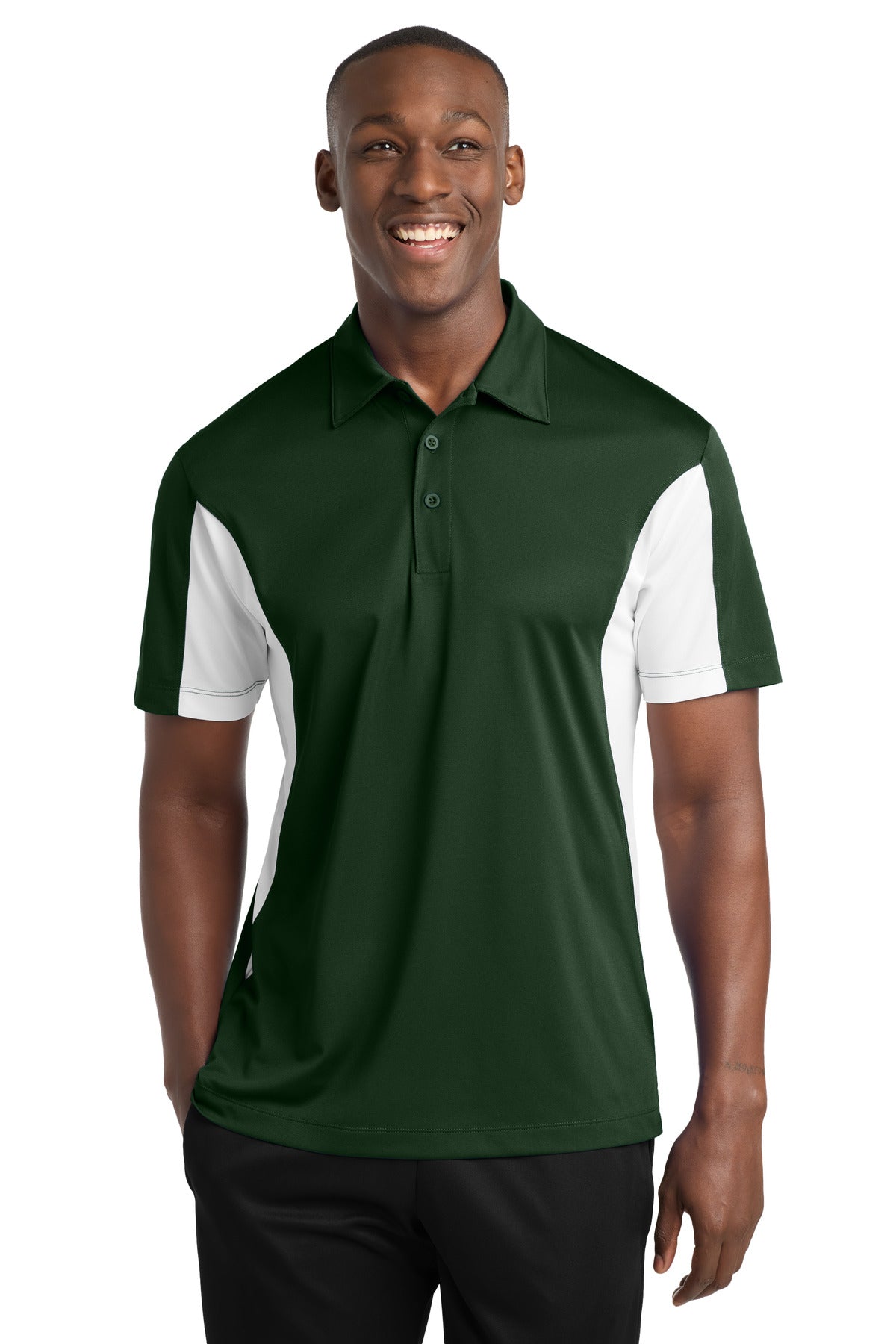 Sport-Tek Tall Side Blocked Micropique Sport-Wick Polo. TST655 - Forest Green/ White