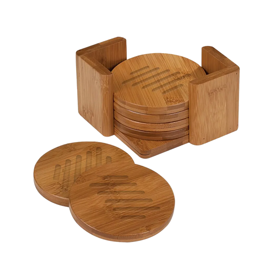 Bamboo Round 6-Coaster Set with Holder
