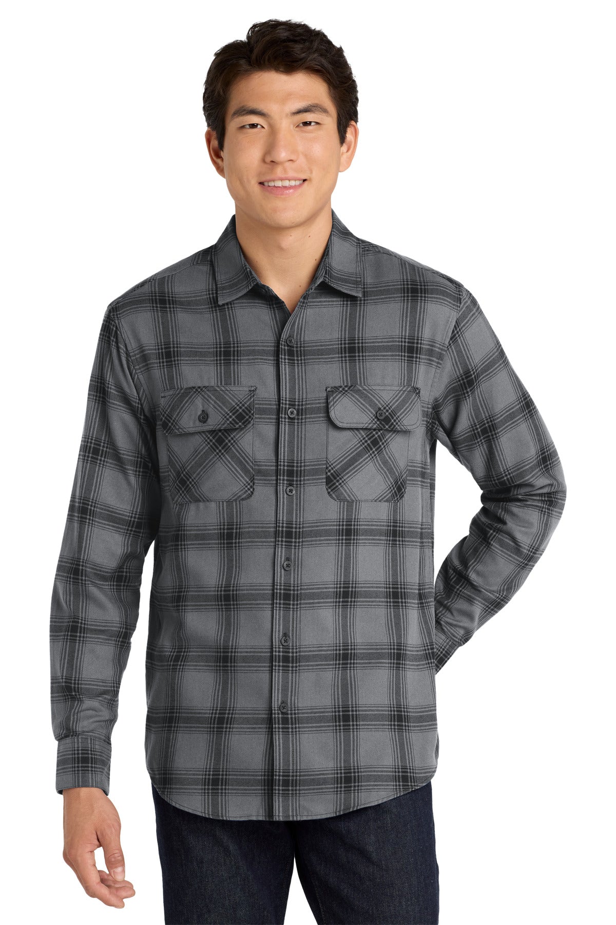 Port Authority Plaid Flannel Shirt. W668 - Grey/ Black Open Plaid