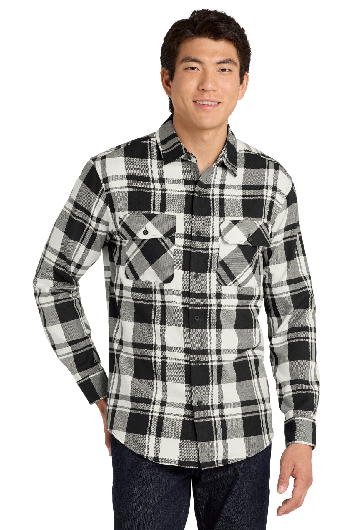 Port Authority Plaid Flannel Shirt. W668 - Snow White/ Black