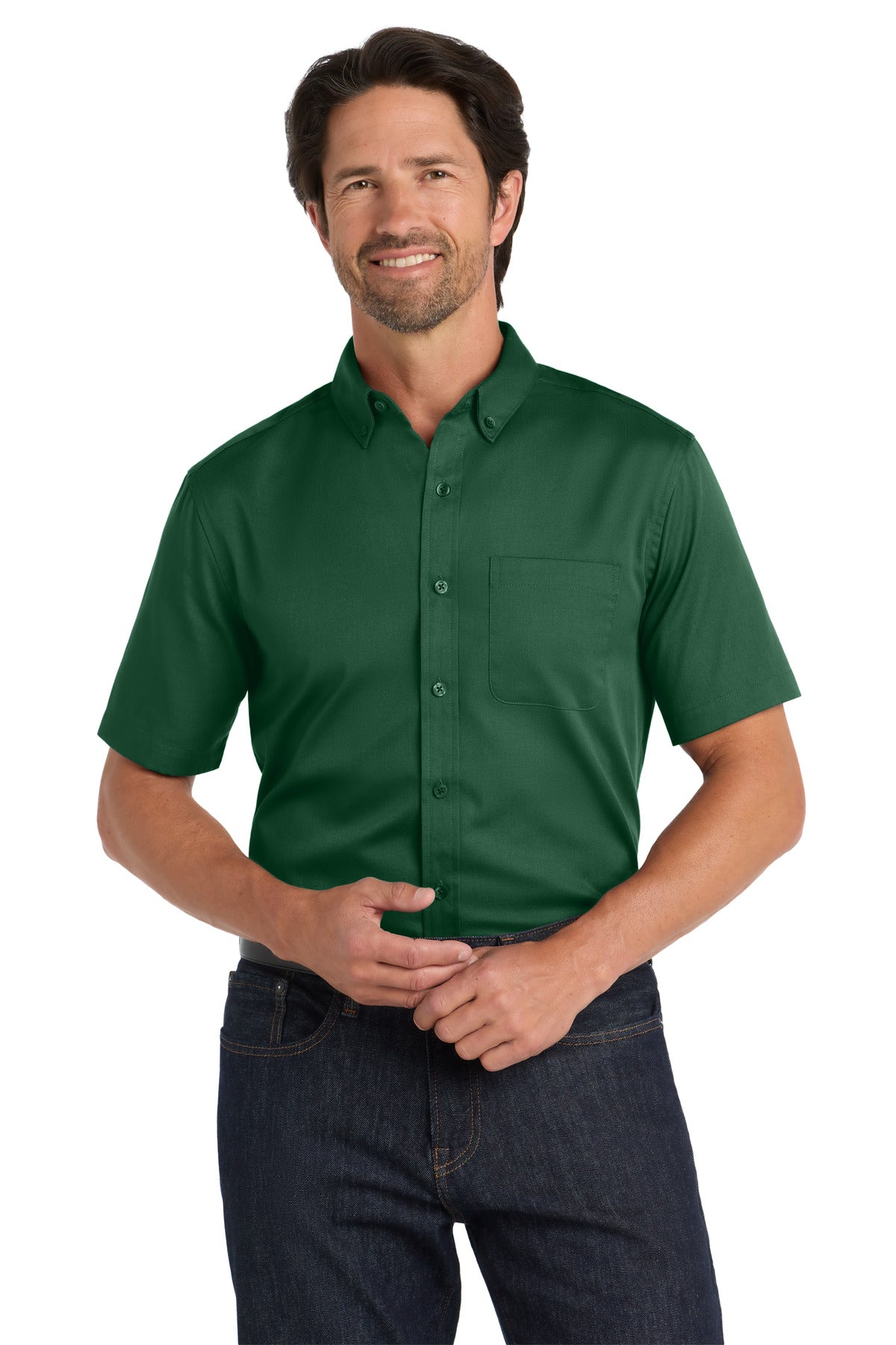 Port Authority Short Sleeve SuperPro React Twill Shirt. W809 - Dark Green